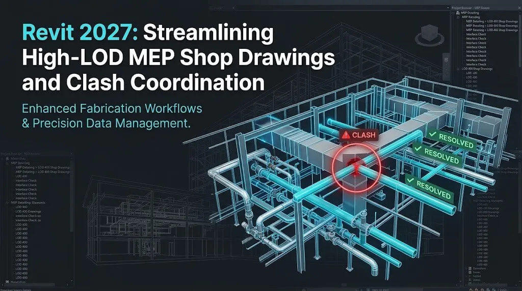 Revit 2027 model showing high-LOD MEP shop drawings, clash detection, and resolution for construction workflows.